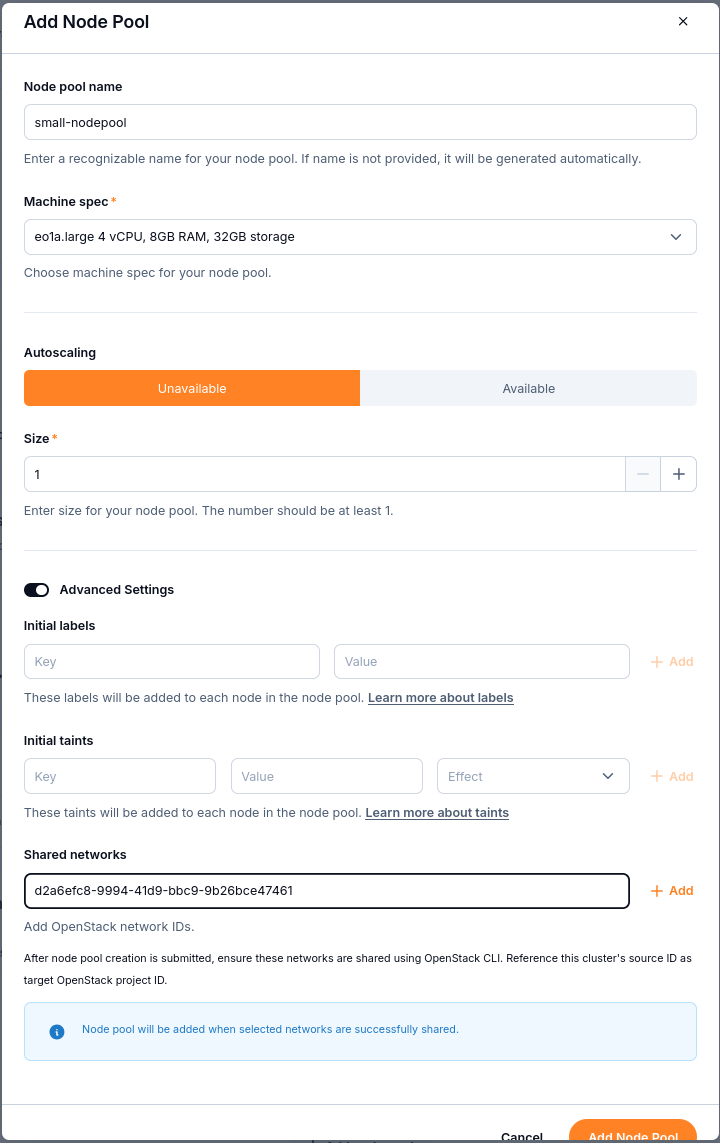Advanced Settings includes the Shared networks field and an Add control for each network ID.