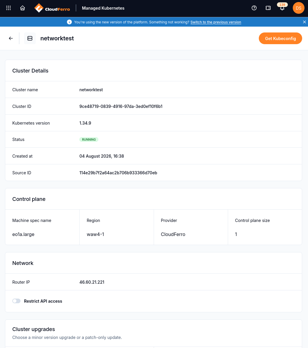 The networktest cluster details show the Source ID used as the target OpenStack project.