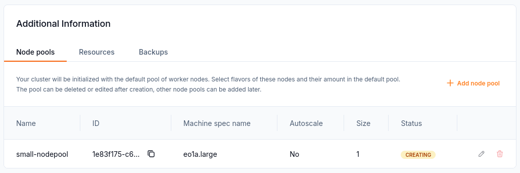 The small-nodepool entry is still CREATING; this is not the completed state.