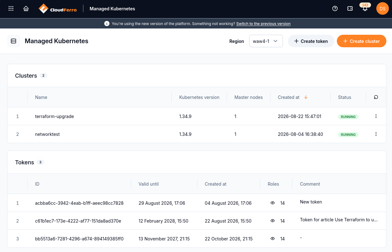 The new token appears in the Tokens table with its validity date and assigned role count.
