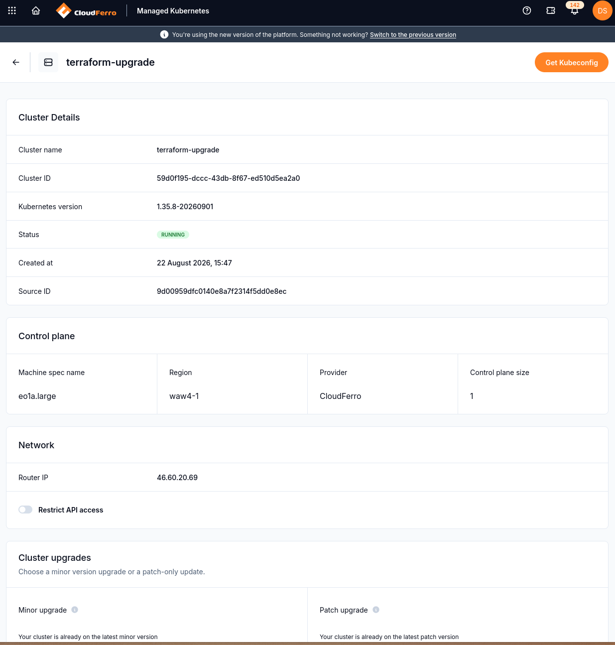 The cluster is RUNNING on the target version after the upgrade.