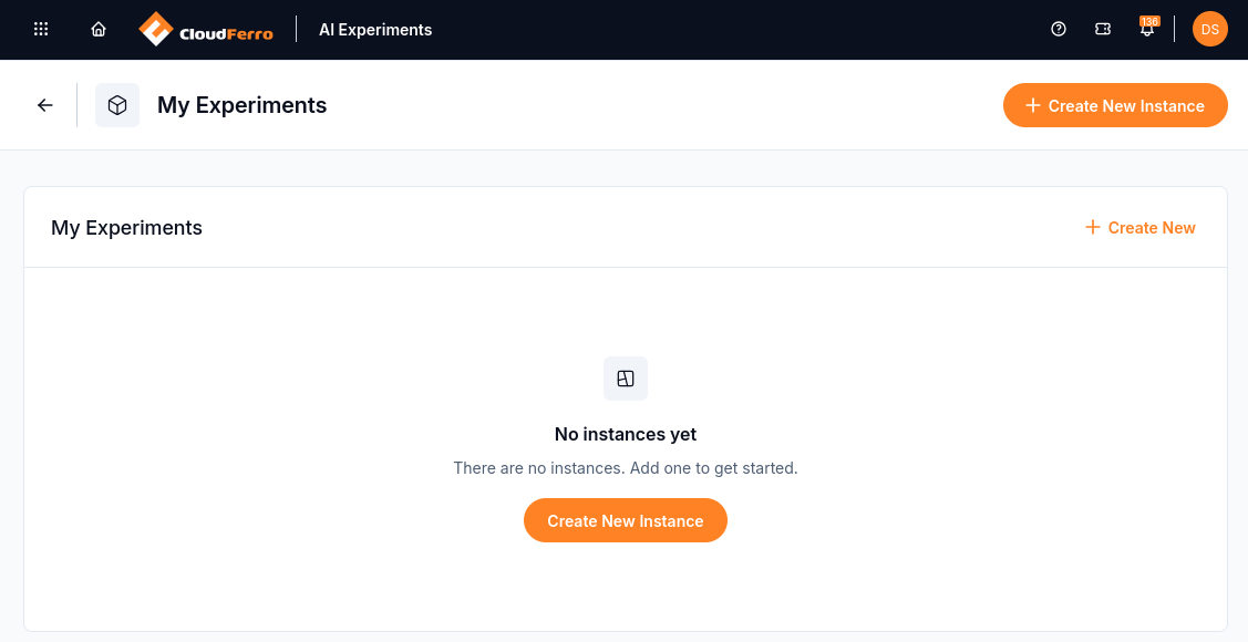 My Experiments page with no instances and a Create New Instance button