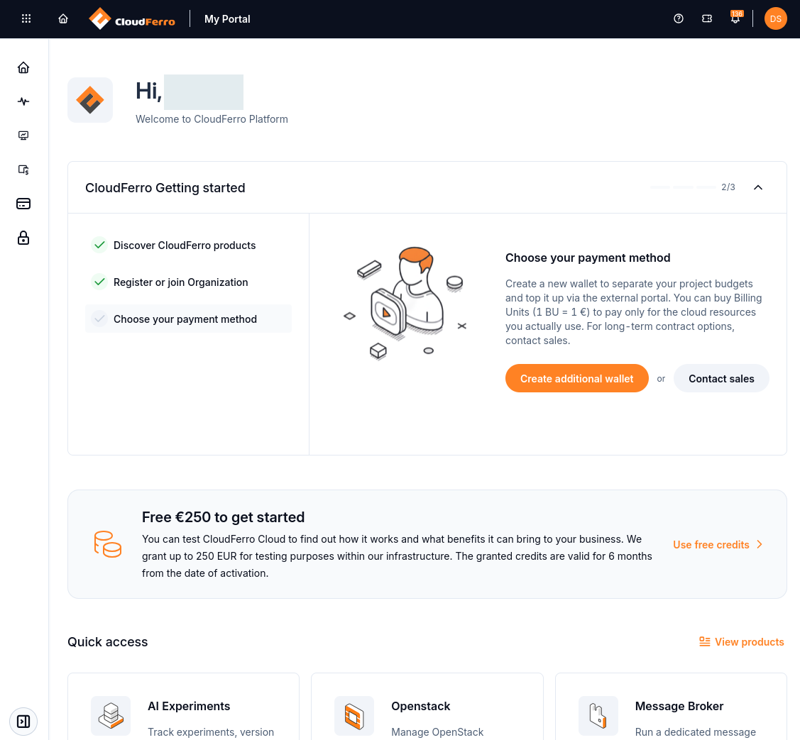 My Portal dashboard with the Products sidebar icon and Quick access cards