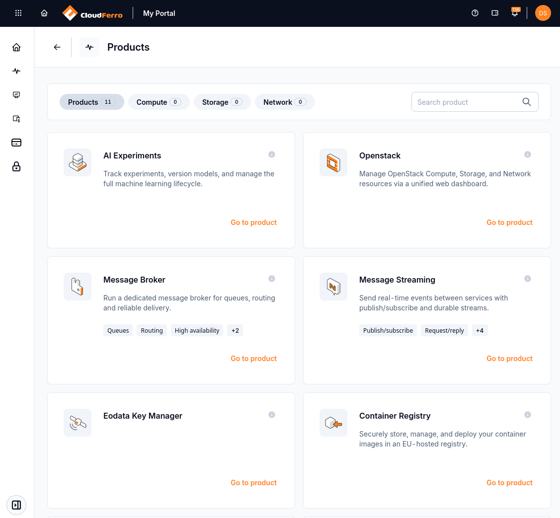 My Portal product catalogue with the AI Experiments card and Go to product link
