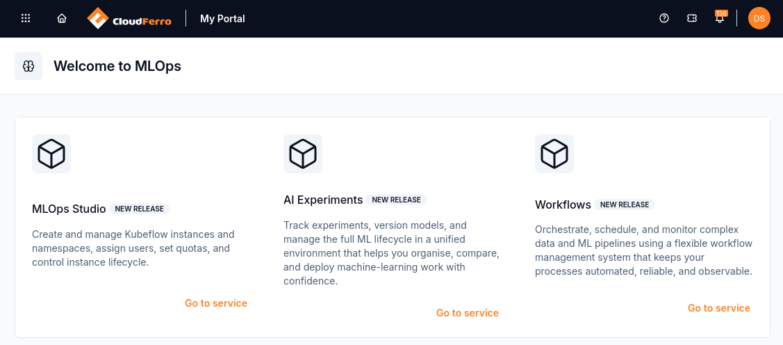 Welcome to MLOps page with MLOps Studio, AI Experiments, and Workflows tiles