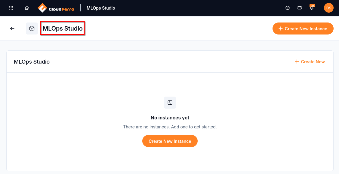 MLOps Studio instance list with no instances and a Create New Instance button