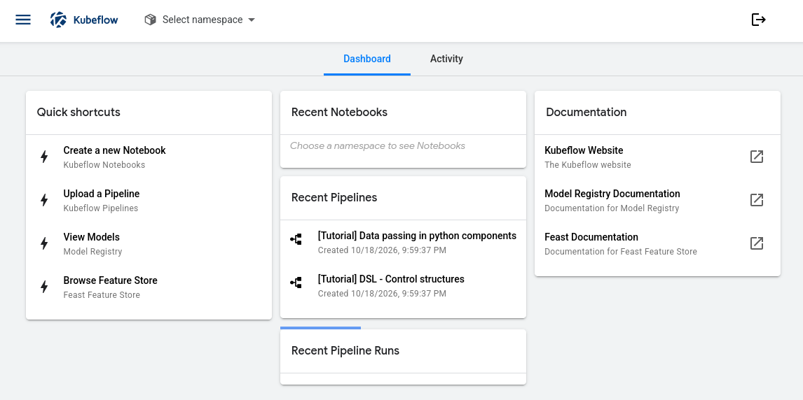 Kubeflow Central Dashboard with Select namespace and shortcuts to its applications