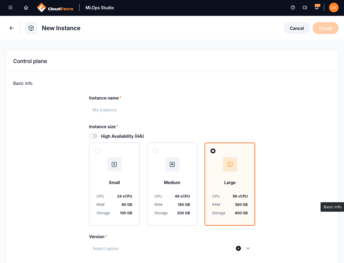 New Instance form with name, High Availability, Small, Medium, Large, and Version fields