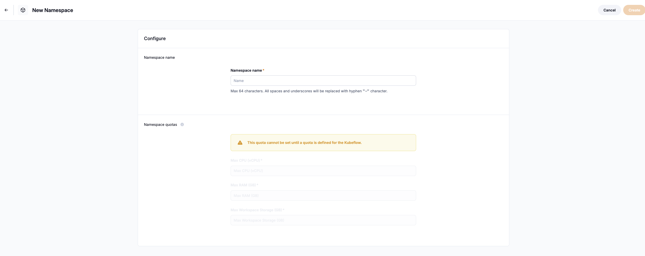 New Namespace form with a name field and disabled quota fields