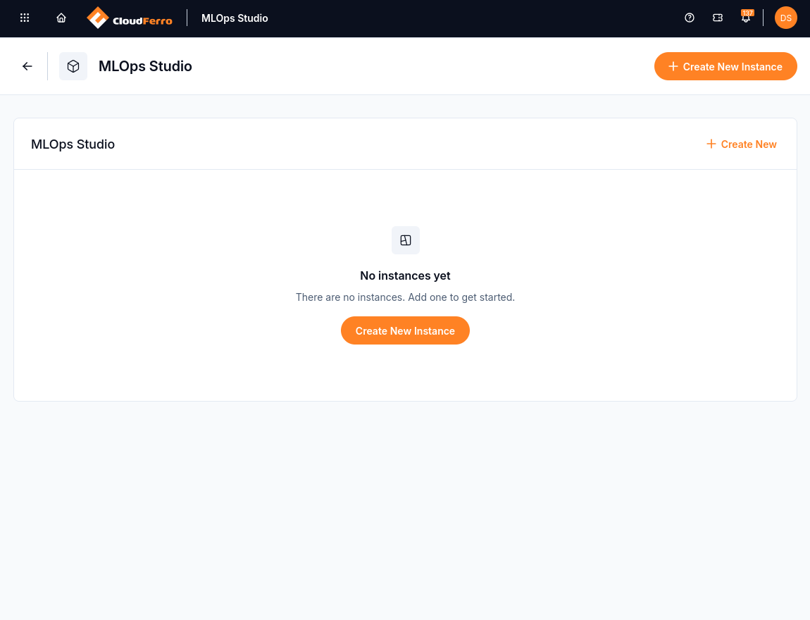 Empty MLOps Studio instance list with Create New Instance actions