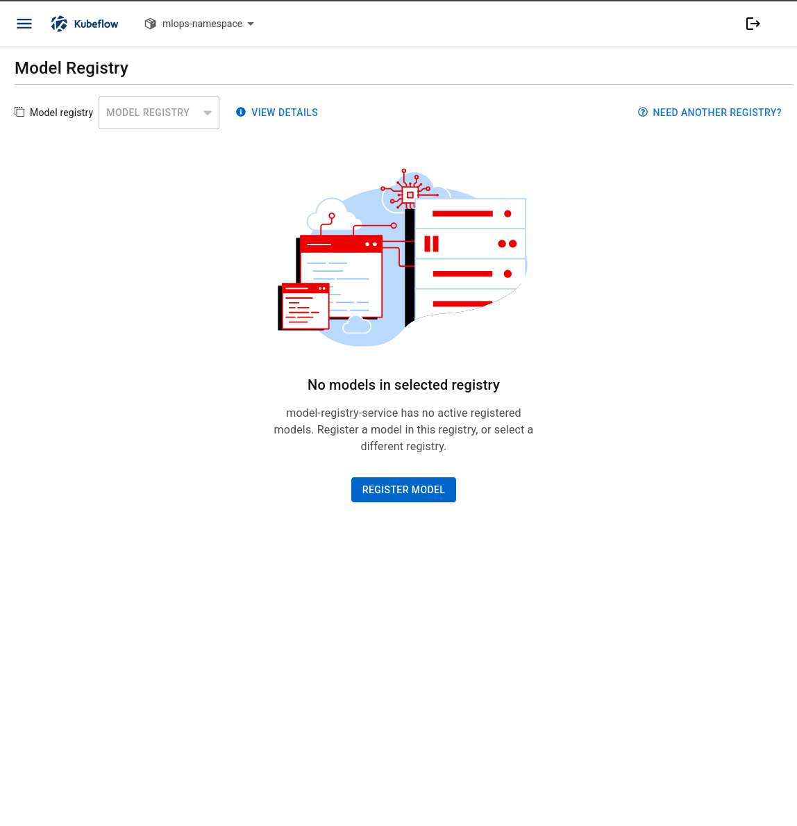 Model Registry showing No models in selected registry and a Register Model button