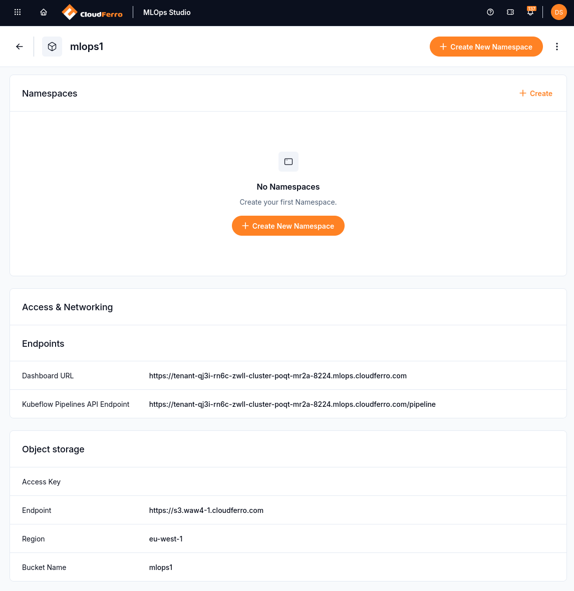 The mlops1 instance with an empty Namespaces panel and a Create New Namespace button