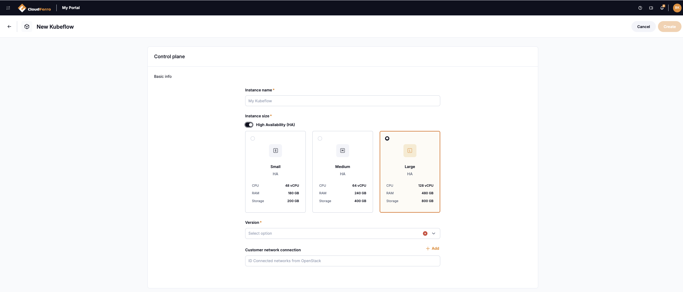 Control plane form with High Availability enabled and Small HA, Medium HA, and Large HA choices