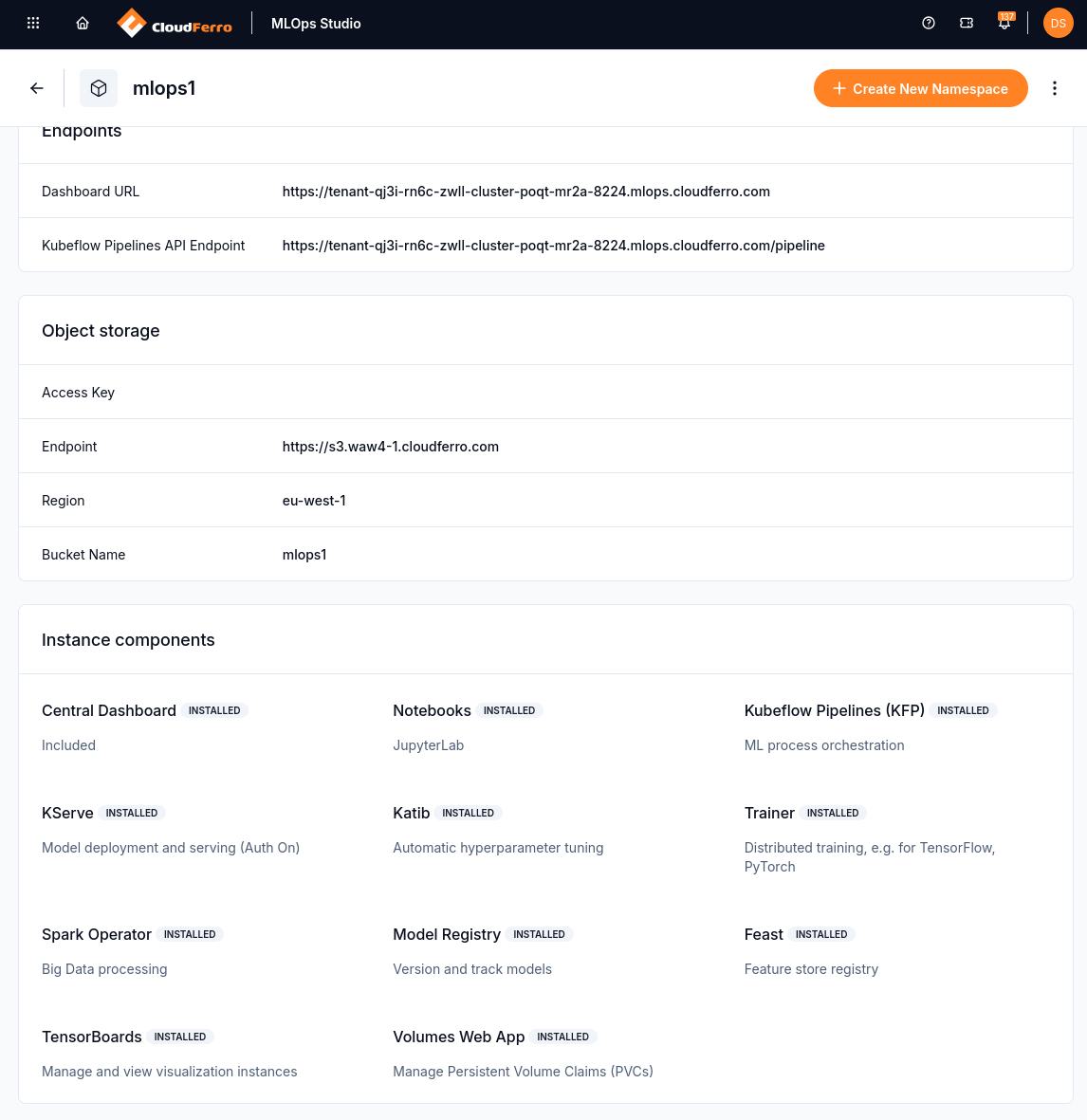 Instance components showing installed Notebooks, Pipelines, KServe, Katib, Trainer, Model Registry, and other tools