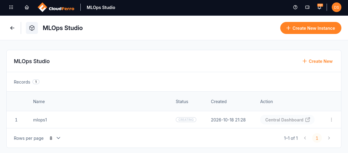 The mlops1 instance in Creating with an inactive Central Dashboard button