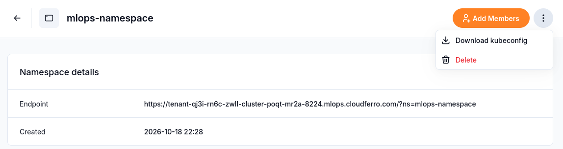 mlops-namespace details with its endpoint and Add Members button