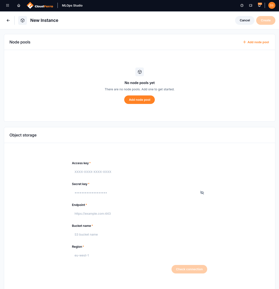New Instance form showing an empty Node pools panel and Object storage fields with Check connection