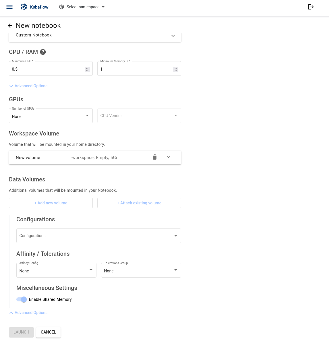 Notebook form showing workspace and data volume controls, Configurations, Affinity and Tolerations, and Enable Shared Memory