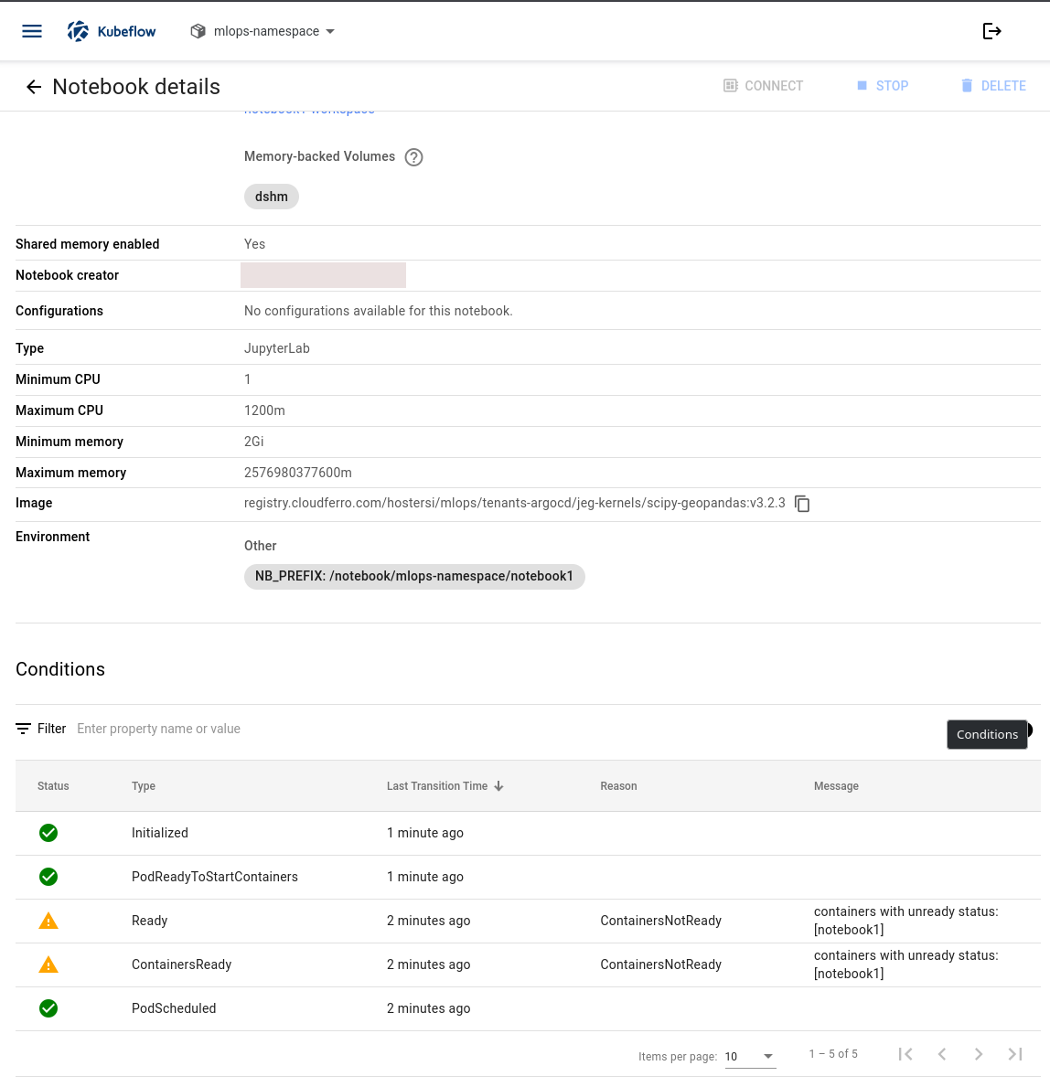 Conditions showing successful initialization and scheduling but Ready and ContainersReady warnings for notebook1