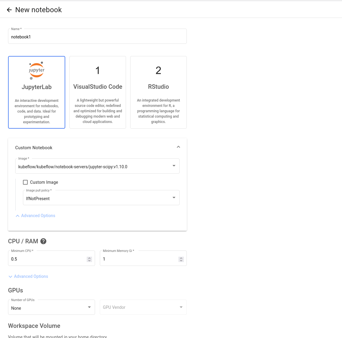 New notebook form with notebook1, JupyterLab selected, an Image menu, and CPU, memory, and GPU fields
