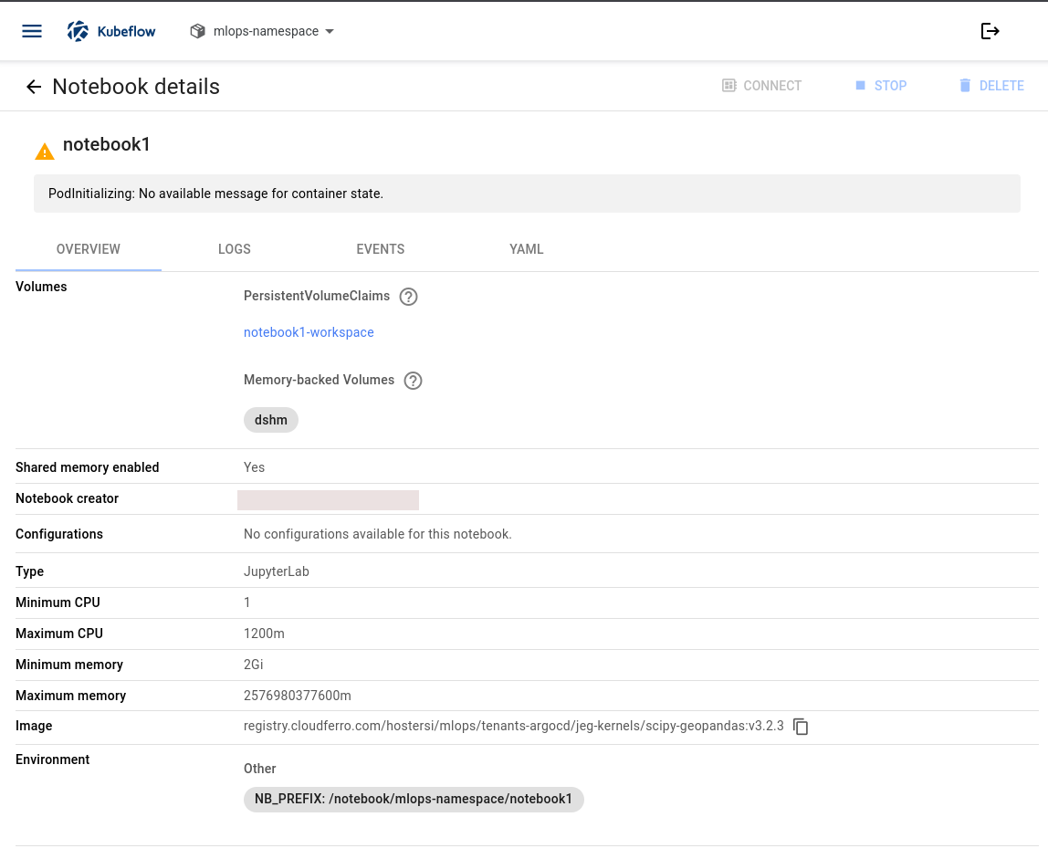 Notebook details showing PodInitializing, notebook1-workspace, JupyterLab, resource settings, and Overview, Logs, Events, and YAML tabs
