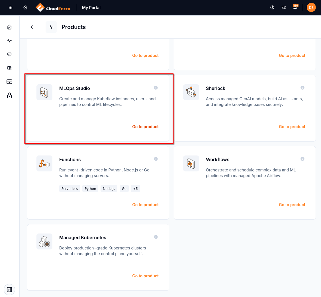 My Portal product catalogue with the MLOps Studio card highlighted
