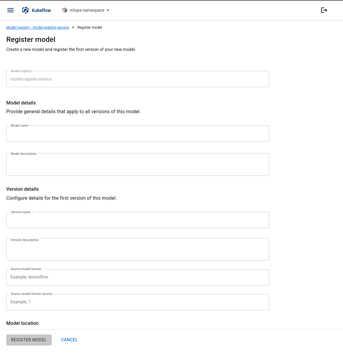 Register model form with Model details, Version details, and a Model location section