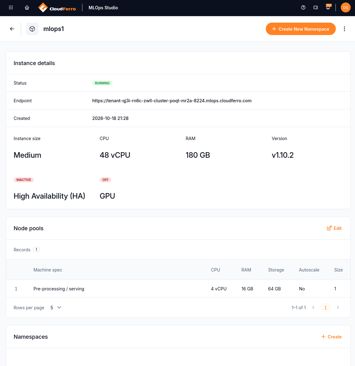 Running mlops1 instance showing its endpoint, Medium size, and worker node pool