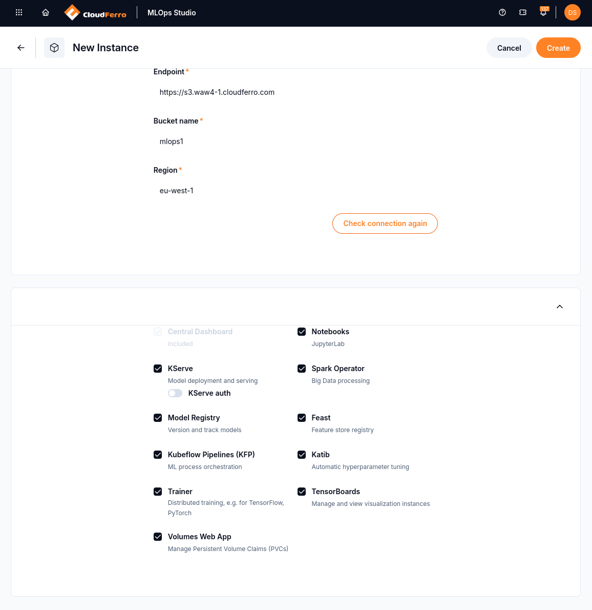 Object storage configured for mlops1 with Check connection again and the Kubeflow application choices below