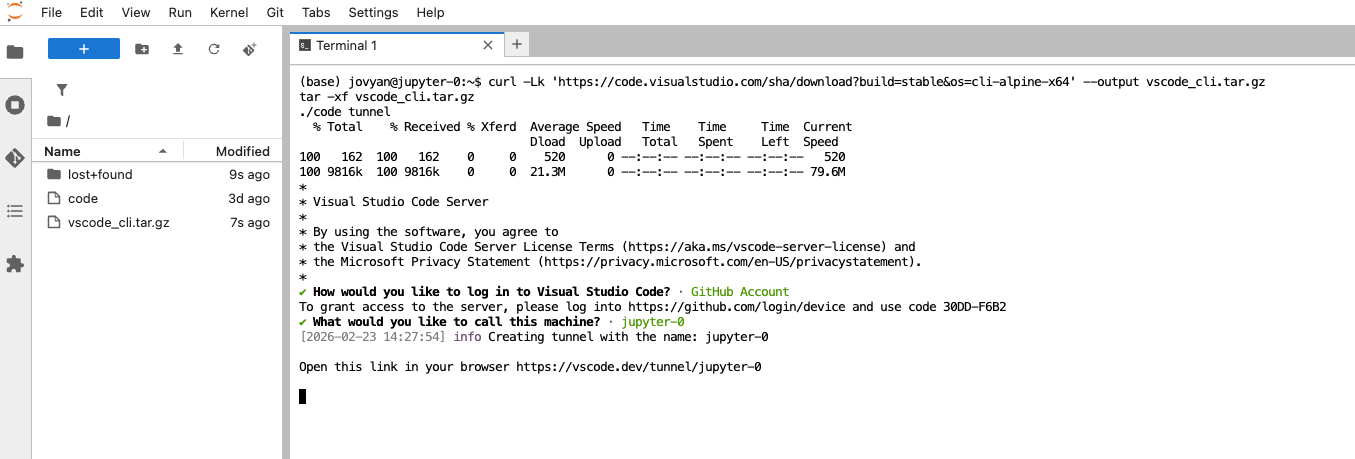 VS Code CLI tunnel authentication prompts in the notebook terminal