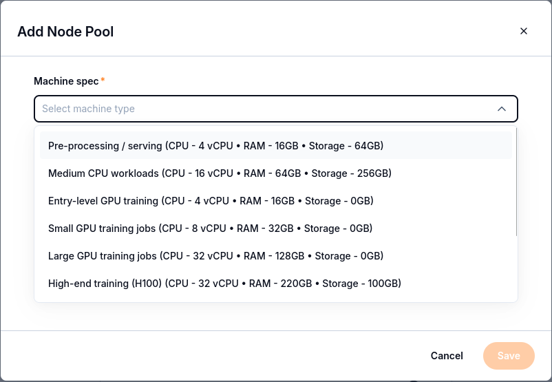 Expanded Machine spec menu offering CPU and GPU configurations with vCPU, RAM, and storage values