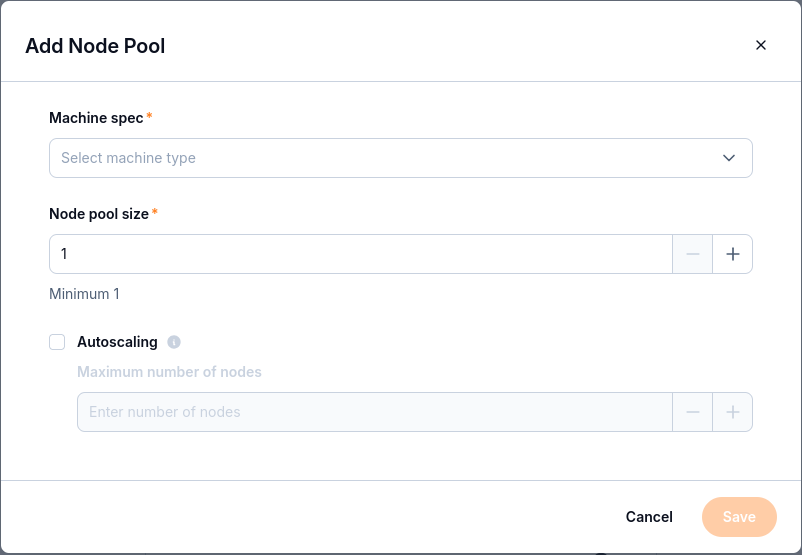 Add Node Pool form with Machine spec, Node pool size, Autoscaling, and Maximum number of nodes fields