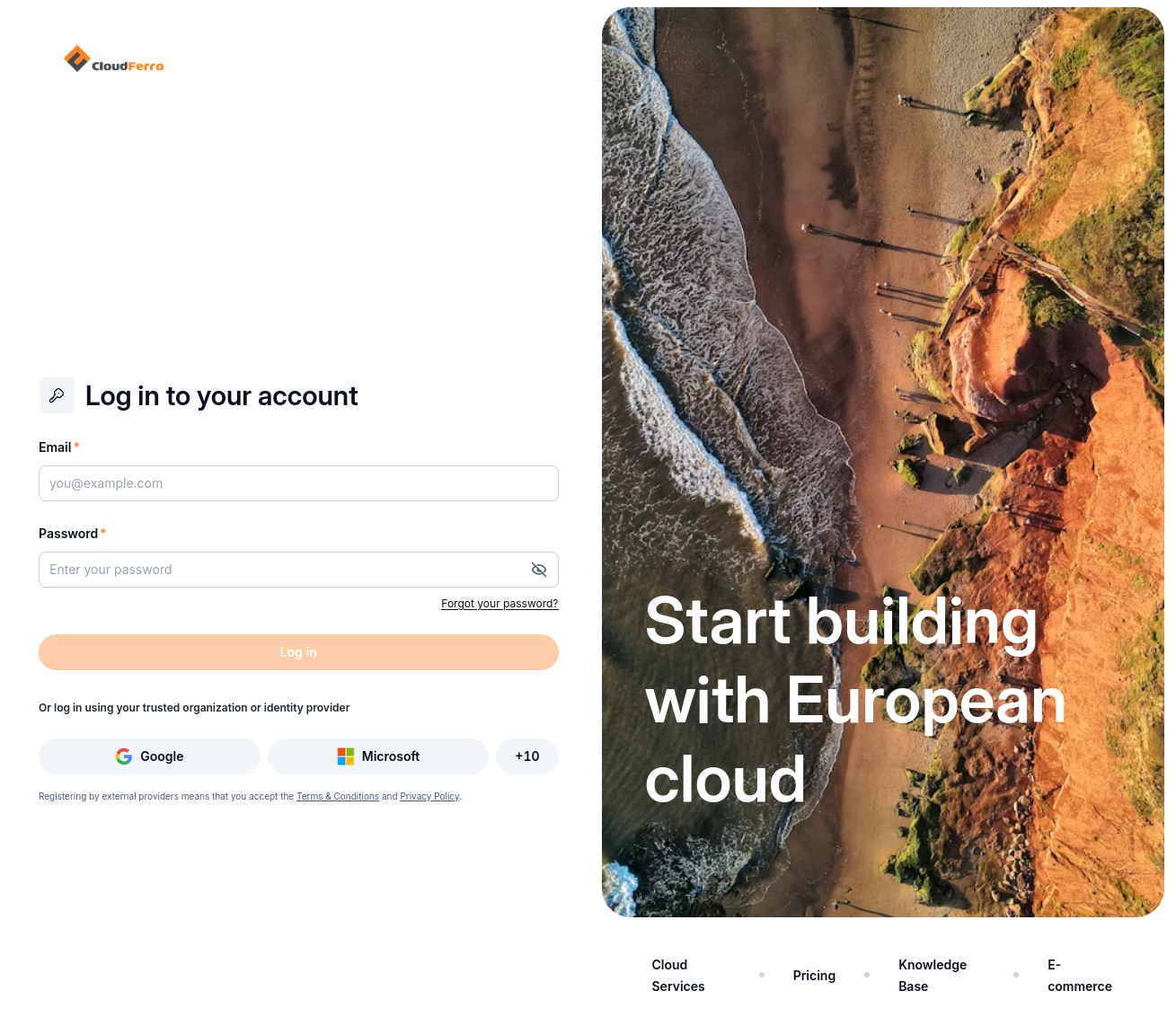 CloudFerro Cloud login page with Email and Password fields and a Log in button.