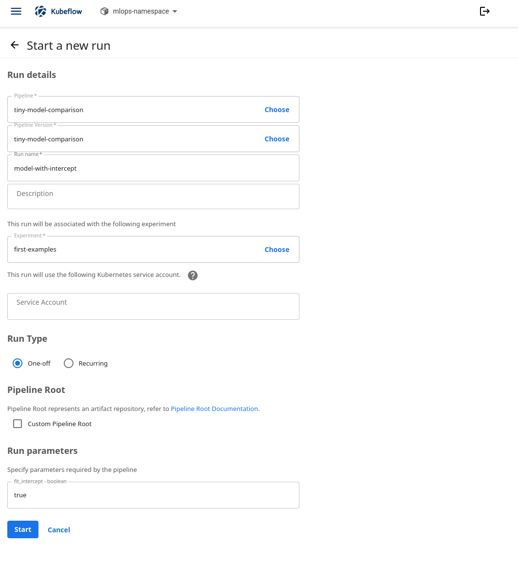 Start a new run form with model-with-intercept, the first-examples experiment, and fit_intercept set to true