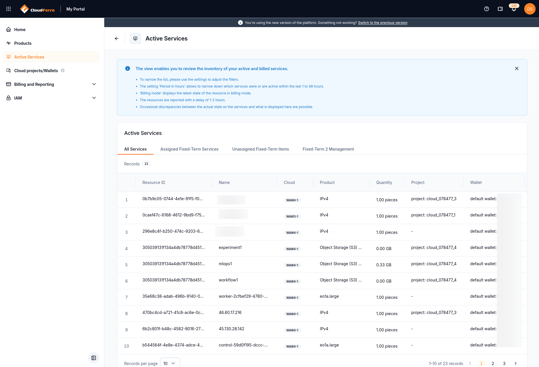 Active Services All Services tab with resource inventory, project and wallet columns, and an information panel.