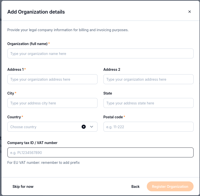 Add Organization details form with company name, address, country, postal code, and company tax ID or VAT number.