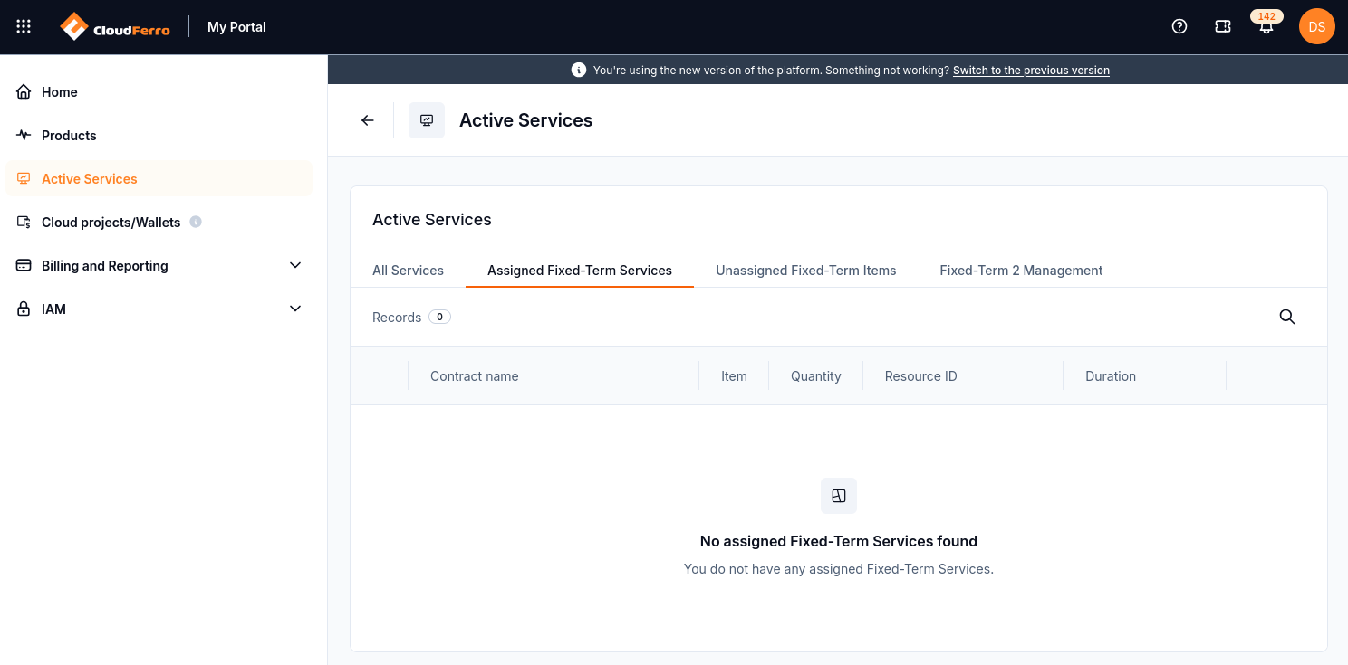 Assigned Fixed-Term Services tab with an empty assignment table.