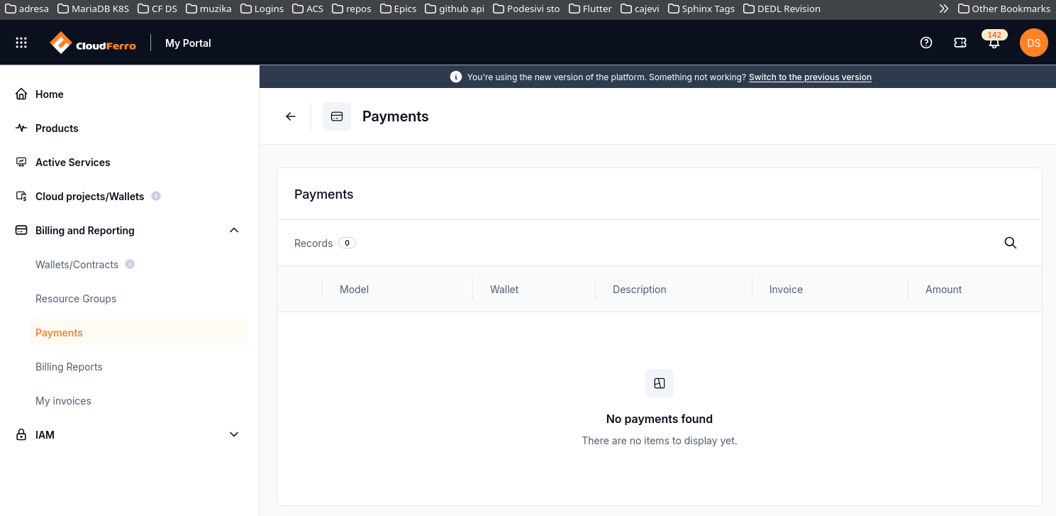 Expanded Billing and Reporting menu with Payments selected and the payment-history view open.
