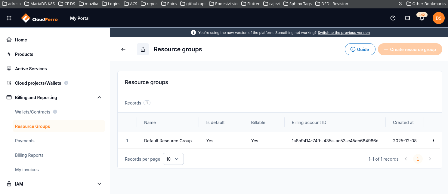 Resource groups list showing a default billable group and its billing account ID.