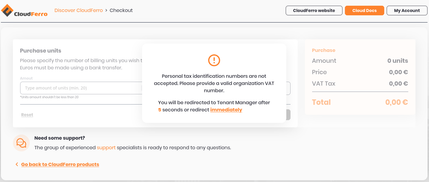 Checkout message rejecting a personal tax identification number and requesting a valid organization VAT number.