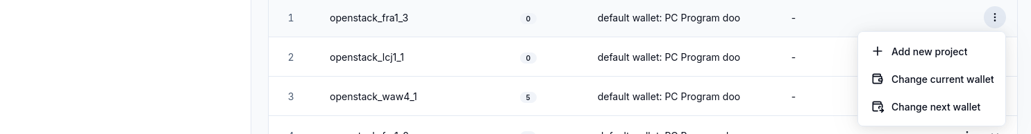 Location menu with Add new project, Change current wallet, and Change next wallet.