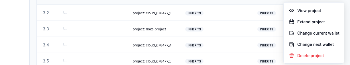Project menu with view, extend, wallet change, and delete actions.