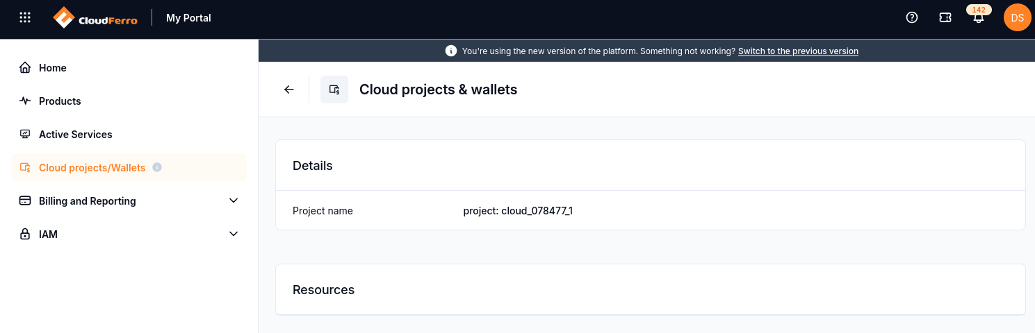 Project details page with Project name and Resources sections.