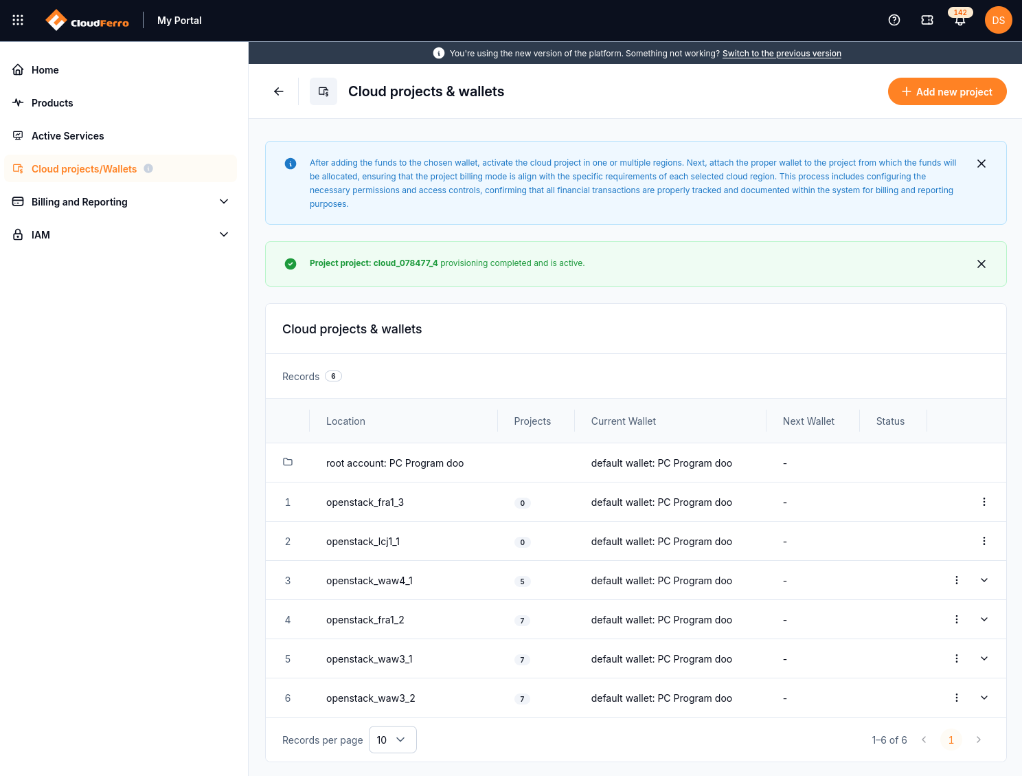 Cloud projects and wallets list with locations, project counts, current and next wallets.
