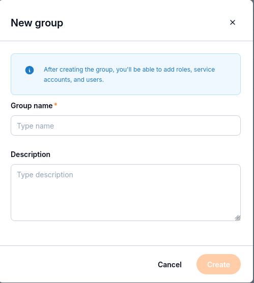 New group dialog with Group name and Description fields.