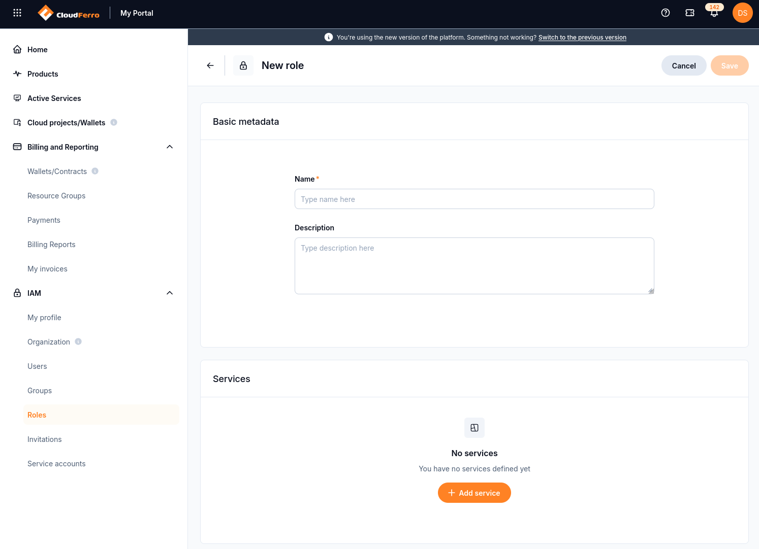 New role form with Basic metadata fields and an Add service action.