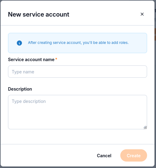 New service account dialog with name and description fields.
