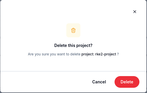 Delete project confirmation showing the selected project name and Cancel and Delete buttons.