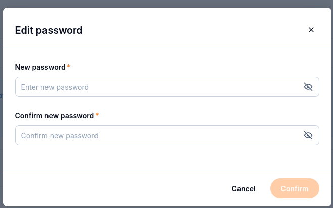 Edit password dialog with New password and Confirm new password fields.