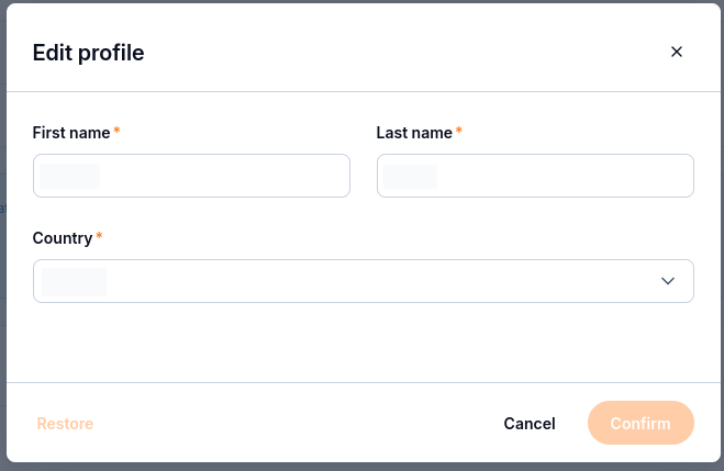 Edit profile dialog with First name, Last name, Country, Restore, Cancel, and Confirm controls.